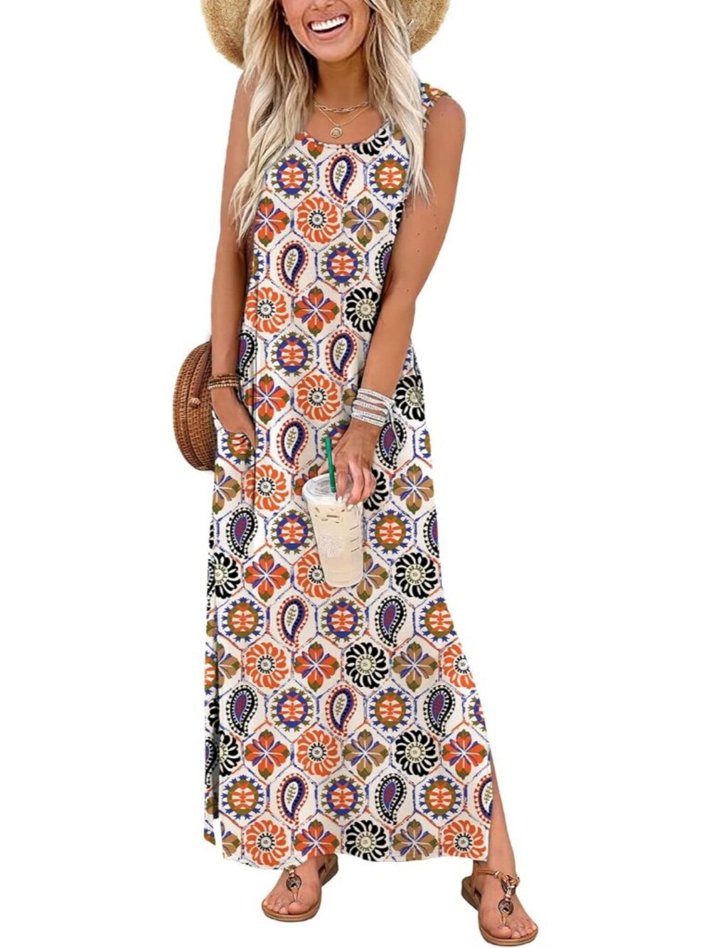 Women’s Boho Print Sleeveless Maxi Dress Summer Beach Sundress with Pocket - Picture 2 of 6